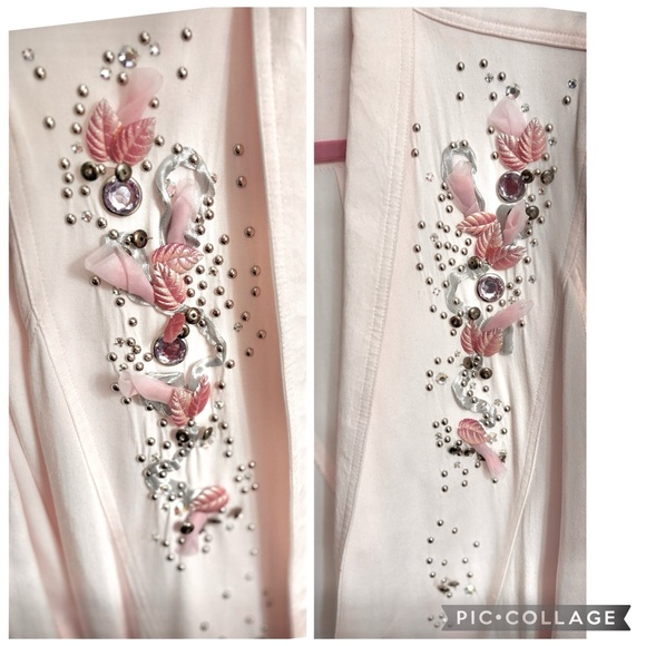 VINTAGE 80S PINK STUDDED BEADED FLORAL EMBELLISHED SHOULDER PAD SOFT BLAZER GLAM - Picture 4 of 6